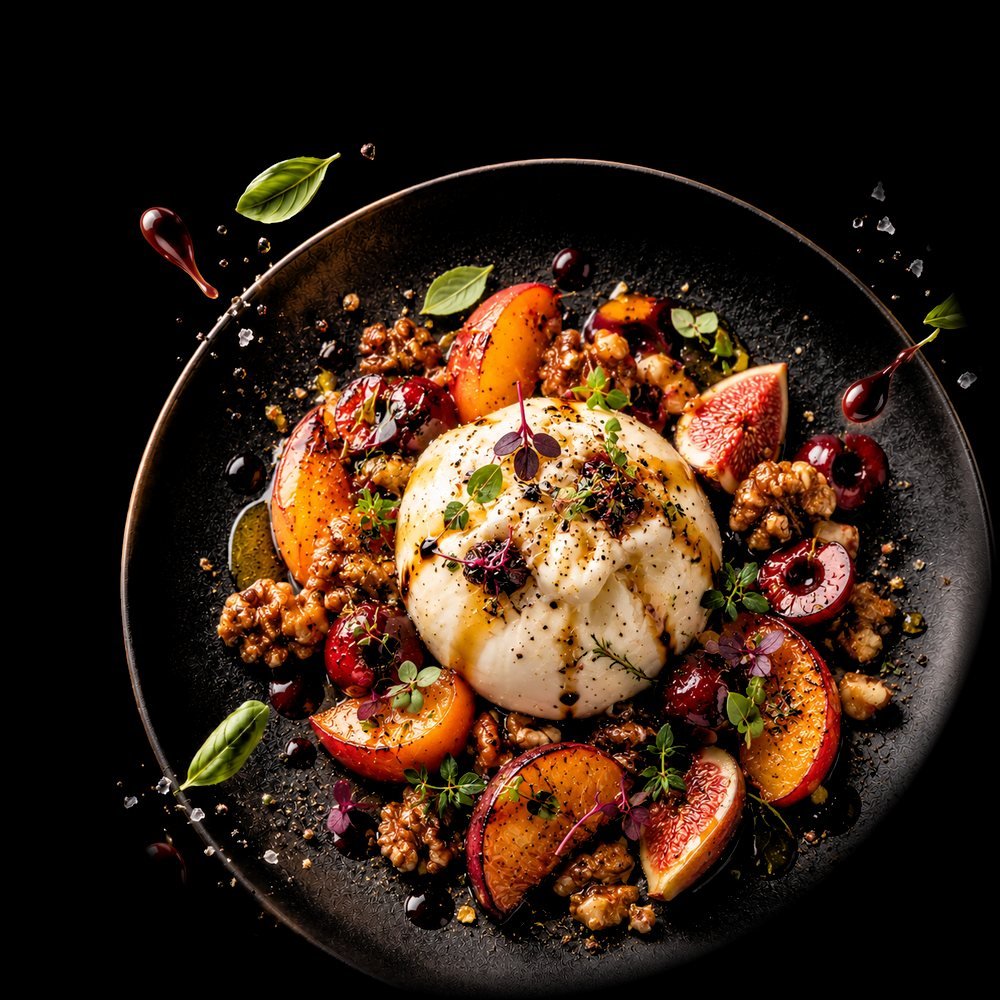 Burrata with seasonal marinated fruits and walnuts