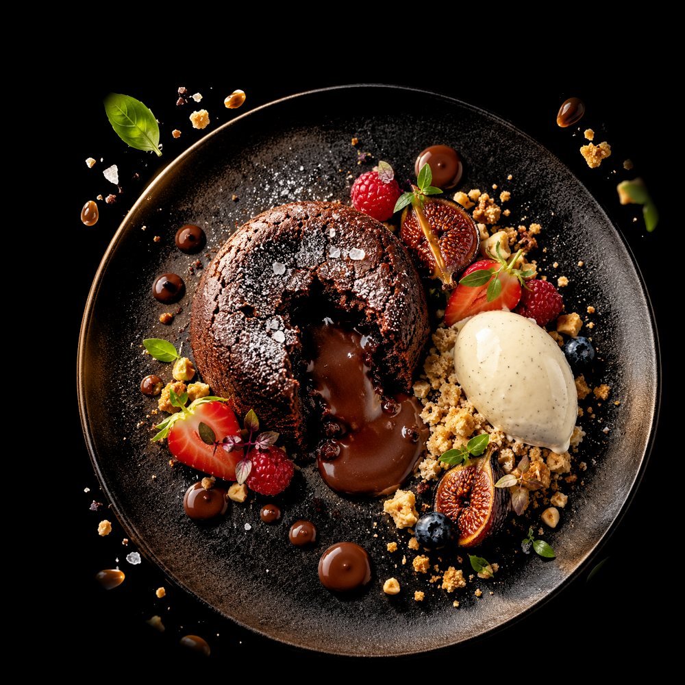 Chocolate fondant cake with molten centre, dried fig, butter crumb, vanilla ice cream and berries
