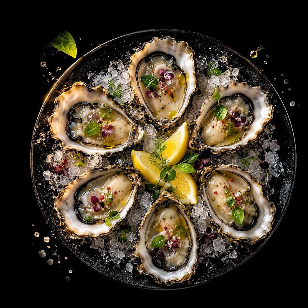 Half dozen Clyde River natural oysters on ice with lemon