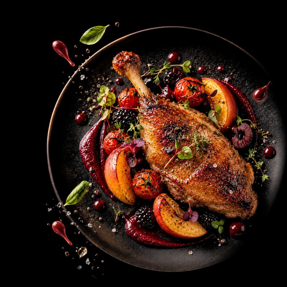 Bone marrow confit duck leg with cherry tomatoes, stone fruit and berry purée