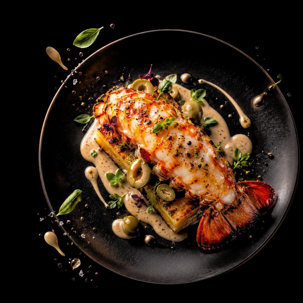 Grilled lobster tail with potato pavé, green olives and creamy black garlic sauce