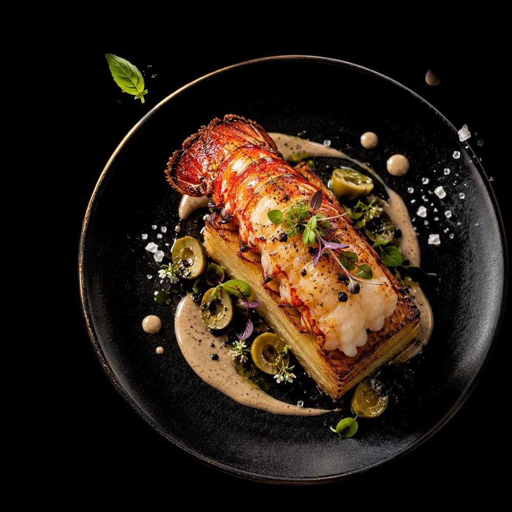 Butter-poached lobster tail on potato pavé with pickled green olives and black garlic cream at Waters Edge Restaurant Batemans Bay