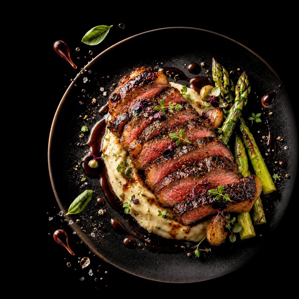 Sliced 150-day grain-fed New York steak with herbed mash, asparagus and port jus