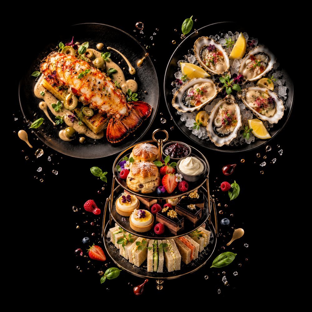 Signature plates at Waters Edge Batemans Bay: lobster tail, Clyde River oysters and High Tea